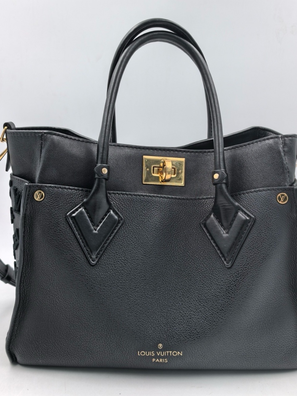 Louis Vuitton On My Side MM tote bag Black Leather Satchel with Gold Hardware